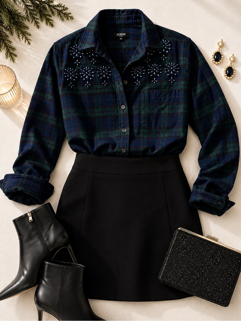 j.crew • Jeweled Beaded Blackwatch Plaid Flannel Shirt • nwot